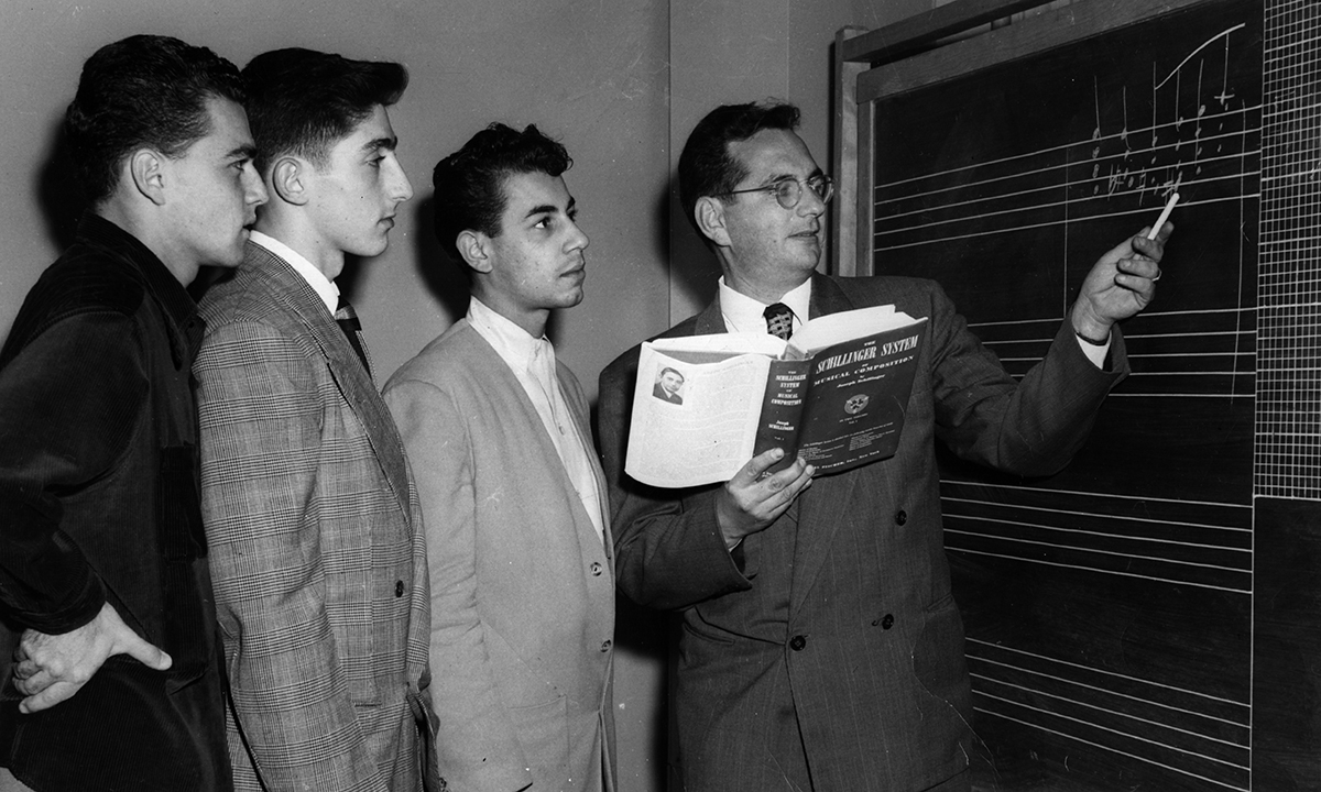 Lawrence Berk at the blackboard with students Dick Nash ’48, Frank Vivino ’48, and Tommy Furtado ’49. Note the Schillinger graph in the upper right of the blackboard.