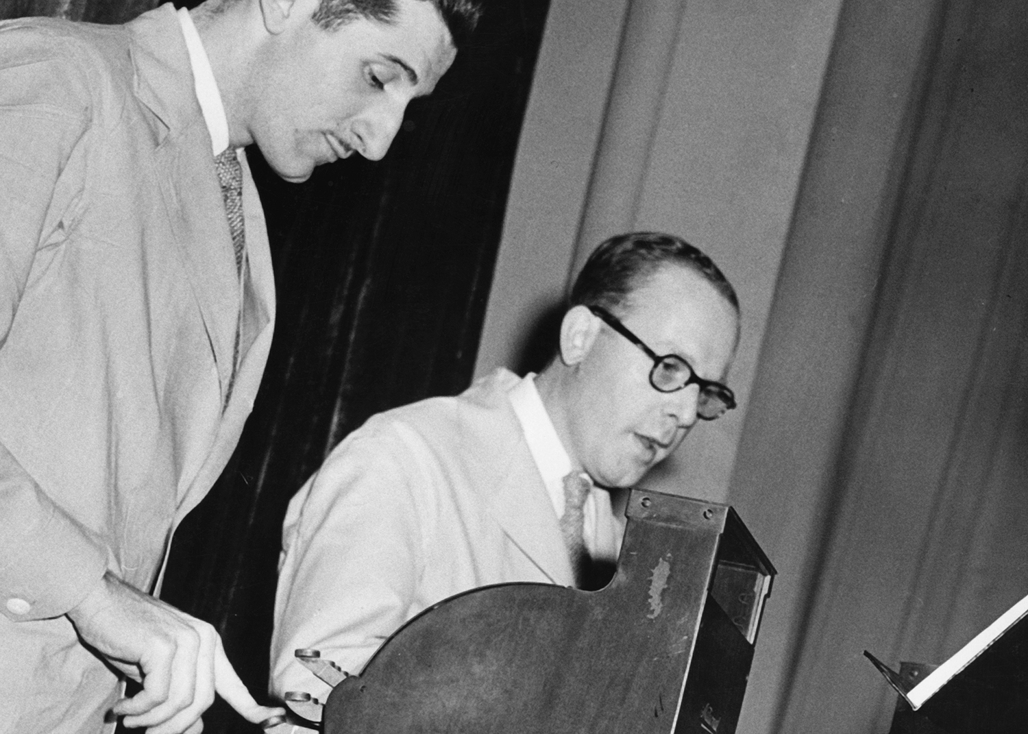 Drum teacher Sam Tully and a student play cash registers during the Filene's Basement movement of Boston Jig-Saw.