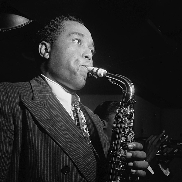 Black and white photograph of jazz musician Charlie Parker
