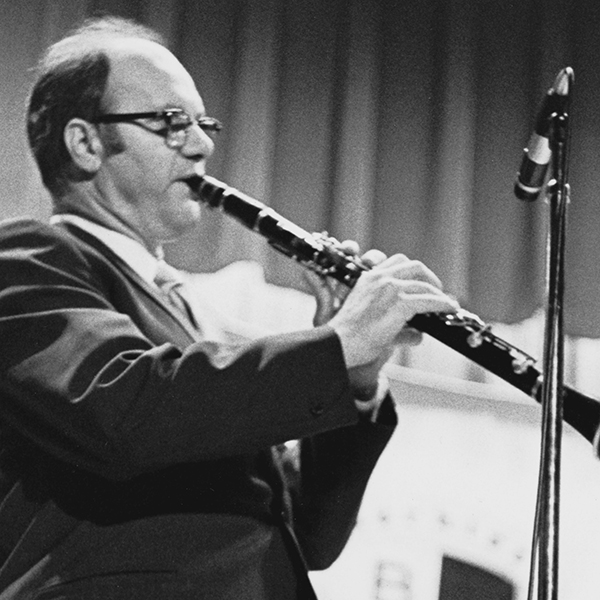 Black and white photograph of John LaPorta playing the clarinet.