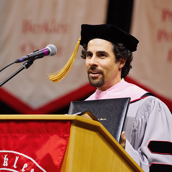 Alex Lacamoire addresses the crowd at Berklee’s 2019 commencement.
